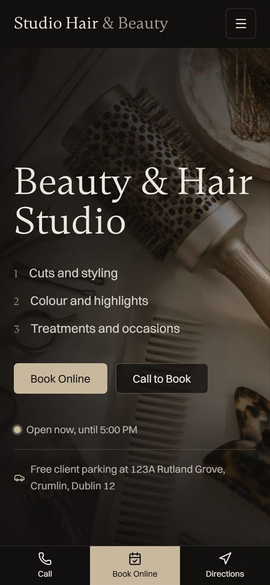 Studio Hair and Beauty website on a phone